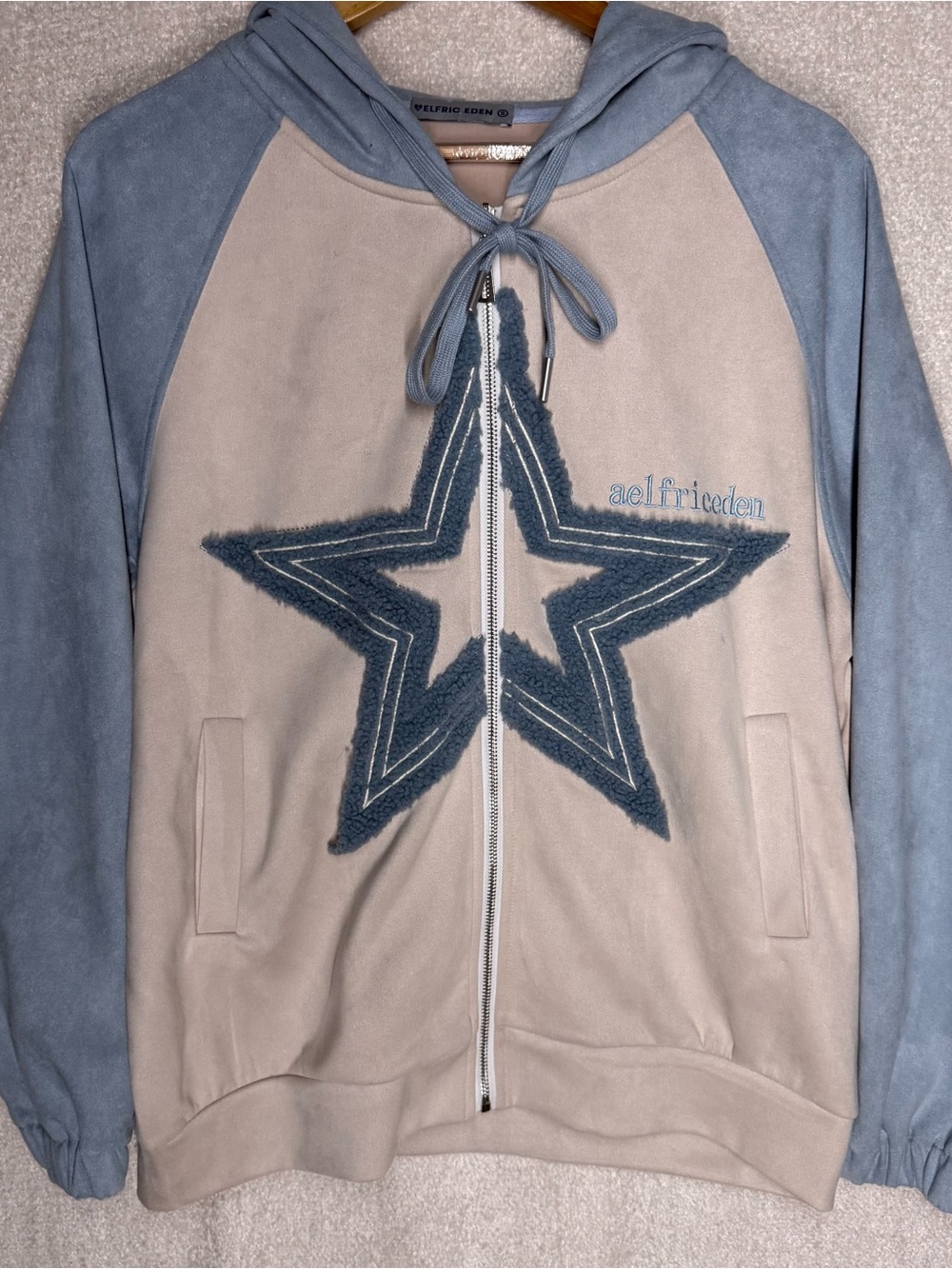 Aelfric Eden Beige and Blue Star Zip-Up Hoodie